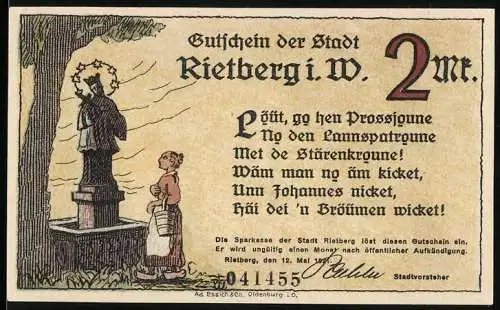 Notgeld Rietberg 1921, 2 Mark, Frau vor Statue, St. Johannes-Kapelle bei Rietberg