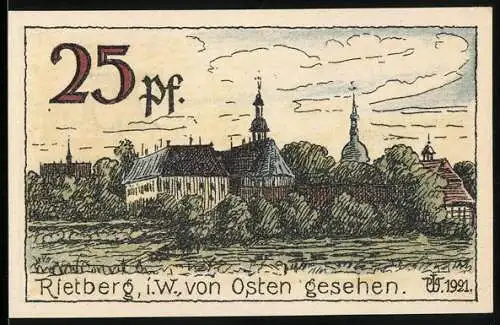 Notgeld Rietberg 1921, 25 Pfennig, Stadtansicht von Osten, Wappen und Siegel