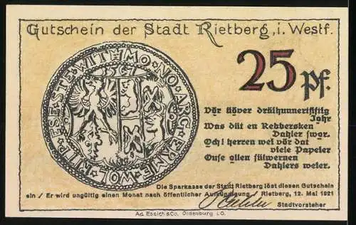 Notgeld Rietberg 1921, 25 Pfennig, Stadtansicht von Osten, Wappen und Siegel