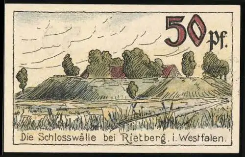 Notgeld Rietberg 1921, 50 Pfennig, Schlosswälle bei Rietberg, Landschaftsmotiv mit Teich