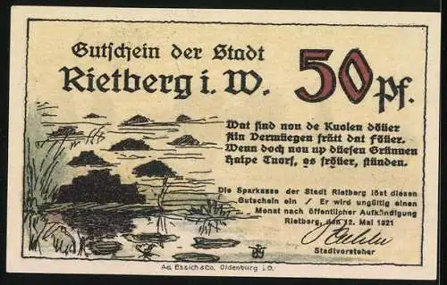 Notgeld Rietberg 1921, 50 Pfennig, Schlosswälle bei Rietberg, Landschaftsmotiv mit Teich