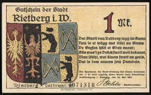 Notgeld Rietberg 1921, 1 Mark, Schloss Eden und Wappen, Seriennummer 071318