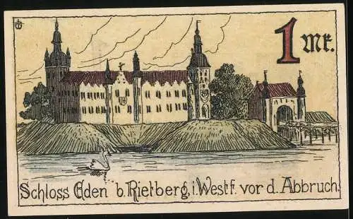 Notgeld Rietberg 1921, 1 Mark, Schloss Eden und Wappen, Seriennummer 071318