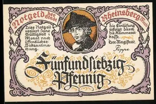 Notgeld Rheinsberg, 75 Pfennig, Musiker und Komponist, 1921