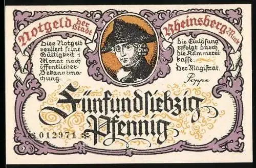 Notgeld Rheinsberg, 75 Pfennig, Porträt eines Mannes mit Hut, Säulenbauwerk, Seriennummer 012971