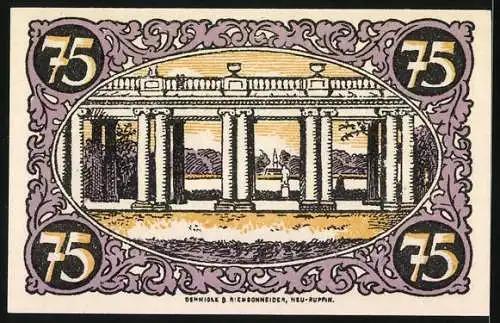 Notgeld Rheinsberg, 75 Pfennig, Porträt eines Mannes mit Hut, Säulenbauwerk, Seriennummer 012971