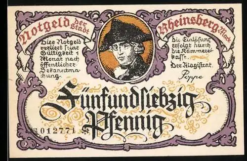 Notgeld Rheinsberg, 75 Pfennig, Porträt und Gebäude mit Turm, Seriennummer 012771