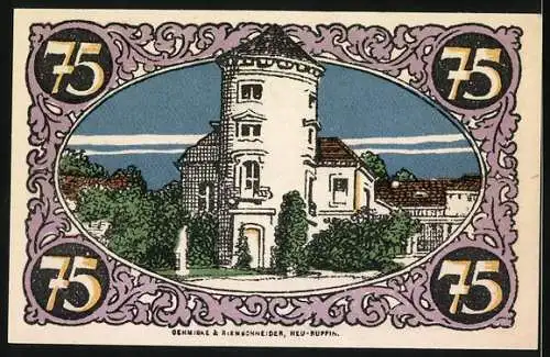 Notgeld Rheinsberg, 75 Pfennig, Porträt und Gebäude mit Turm, Seriennummer 012771