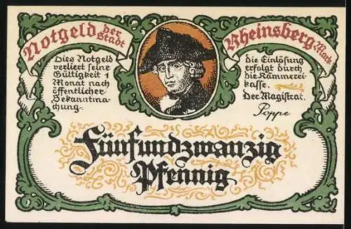 Notgeld Rheinsberg, 25 Pfennig, Gebäude und Porträt eines Mannes mit Hut