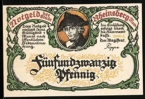 Notgeld Rheinsberg, 25 Pfennig, Porträt von Friedrich dem Grossen, Denkmal und grüne Ornamente.