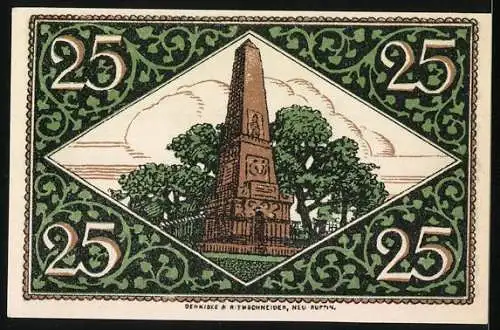 Notgeld Rheinsberg, 25 Pfennig, Porträt von Friedrich dem Grossen, Denkmal und grüne Ornamente.