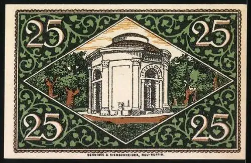 Notgeld Rheinsberg, 25 Pfennig, Porträt und Pavillon mit grünen Verzierungen