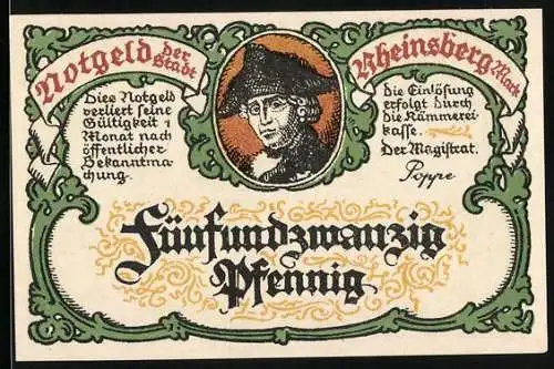 Notgeld Rheinsberg, 25 Pfennig, Porträt und Landschaft mit Pyramide