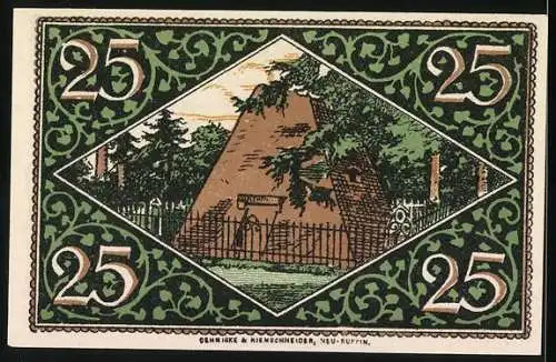 Notgeld Rheinsberg, 25 Pfennig, Porträt und Landschaft mit Pyramide