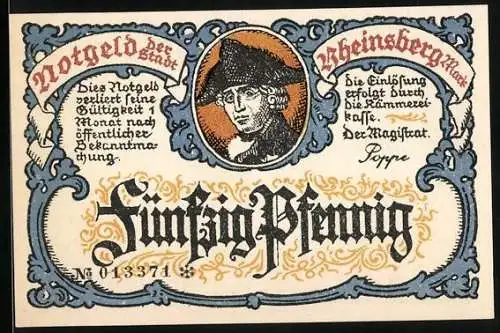 Notgeld Rheinsberg, 50 Pfennig, Porträt und Stadtansicht von Rheinsberg anno 1739