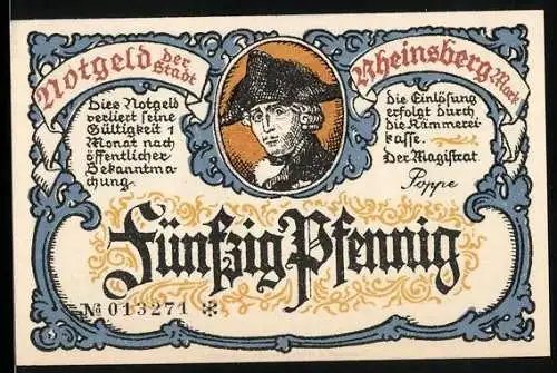 Notgeld Rheinsberg 1921, 50 Pfennig, Porträt und Landschaft mit Säulen und Bäumen, Seriennummer 013271