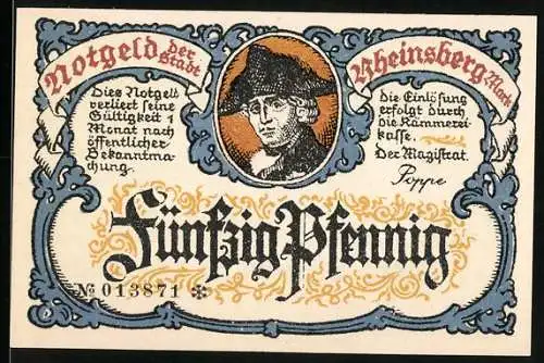 Notgeld Rheinsberg 1921, 50 Pfennig, Porträt und Schlossansicht, Seriennummer 013871.