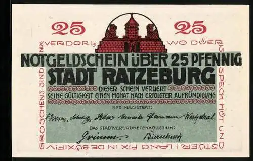 Notgeld Ratzeburg, 25 Pfennig, Stadtansicht mit Dom und Stadtwappen