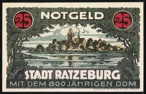 Notgeld Ratzeburg, 25 Pfennig, Stadtansicht mit Dom und Stadtwappen