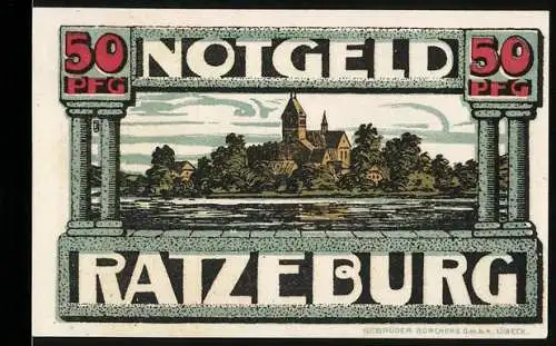 Notgeld Ratzeburg, 50 Pfennig, Stadtansicht und Statue der Razivia