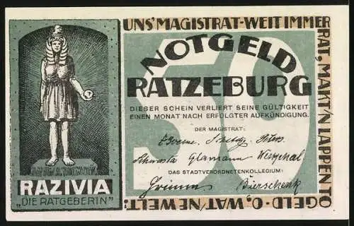 Notgeld Ratzeburg, 50 Pfennig, Stadtansicht und Statue der Razivia