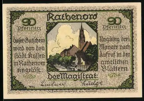 Notgeld Rathenow, 90 Pfennig, Stadtansicht und Reiter auf Pferd