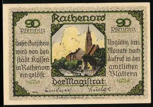 Notgeld Rathenow, 90 Pfennig, Stadtansicht und alte Frau mit Brille und Steuern.