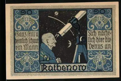 Notgeld Rathenow 1921, 90 Pfennig, Mann mit Teleskop und Stadtansicht