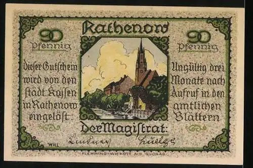 Notgeld Rathenow 1921, 90 Pfennig, Mann mit Teleskop und Stadtansicht