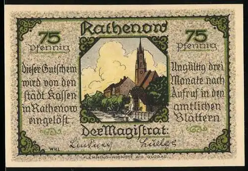 Notgeld Rathenow 1921, 75 Pfennig, Stadtansicht mit Kirche und Porträt eines Gelehrten