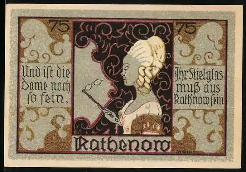 Notgeld Rathenow, 75 Pfennig, Dame mit Lorgnon und Stadtansicht mit Kirche