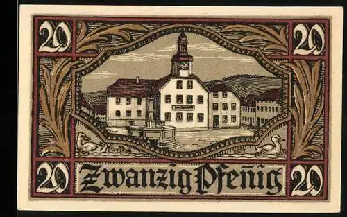 Notgeld Remda 1921, 20 Pfennig, Stadtansicht mit Gebäude und Wappen mit Löwen, Seriennummer 18947