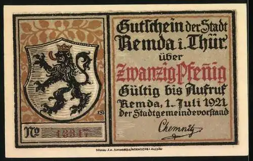 Notgeld Remda 1921, 20 Pfennig, Stadtansicht mit Gebäude und Wappen mit Löwen, Seriennummer 18947