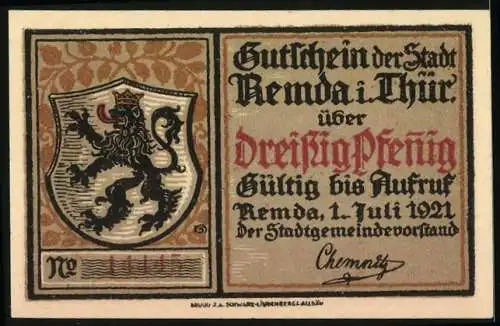 Notgeld Remda 1921, 30 Pfennig, Das alte Remda, Löwenwappen