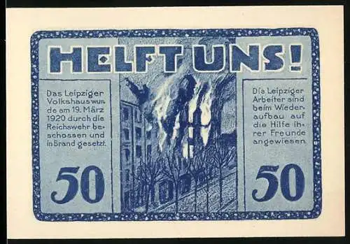 Notgeld Leipzig 1922, 50 Pfennig, brennendes Gebäude und Leipziger Volkshaus