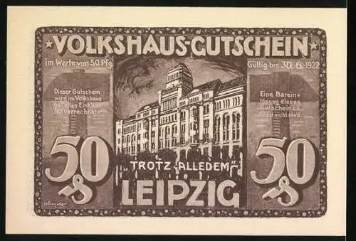 Notgeld Leipzig 1922, 50 Pfennig, brennendes Gebäude und Leipziger Volkshaus