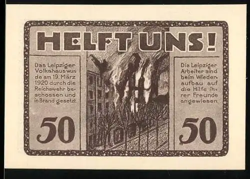 Notgeld Leipzig 1922, 50 Pfennig, brennendes Gebäude und Leipziger Volkshaus