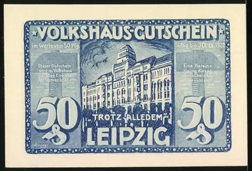 Notgeld Leipzig 1922, 50 Pfennig, brennendes Gebäude und Leipziger Volkshaus