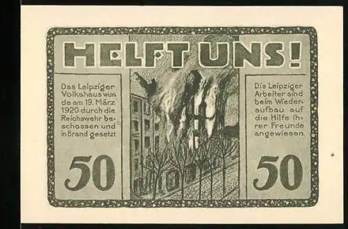 Notgeld Leipzig 1922, 50 Pfennig, brennendes Gebäude und Leipziger Volkshaus