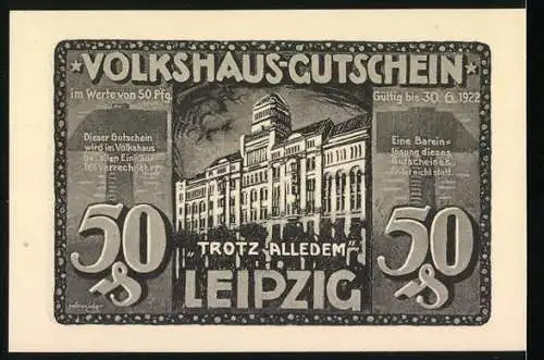 Notgeld Leipzig 1922, 50 Pfennig, brennendes Gebäude und Leipziger Volkshaus