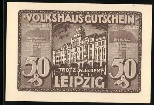 Notgeld Leipzig 1922, 50 Pfennig, Volksgebäude und Feuerszene