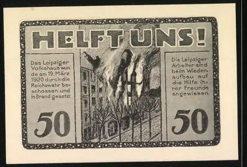 Notgeld Leipzig 1922, 50 Pfennig, Volksgebäude und Feuerszene