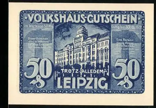 Notgeld Leipzig 1922, 50 Pfennig, Volkshaus mit Brand und Aufruf Helft uns!