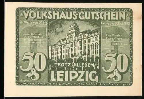 Notgeld Leipzig 1922, 50 Pfennig, Volkshaus-Gutschein mit Gebäude und Brandmotiv