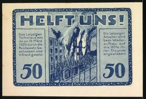 Notgeld Leipzig 1922, 50 Pfennig, Volkshaus-Gutschein mit Gebäude und Brandmotiv