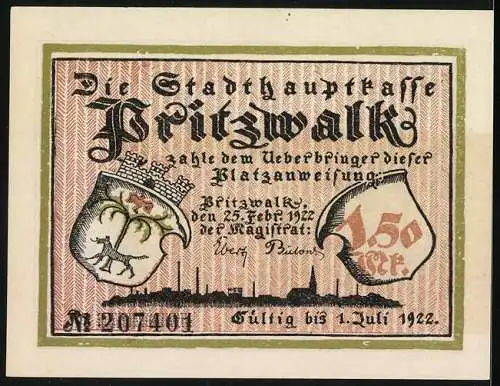 Notgeld Pritzwalk 1922, 150 Pfennig, Stadtrat befragt Magd, Stadtwappen, Seriennummer 207401