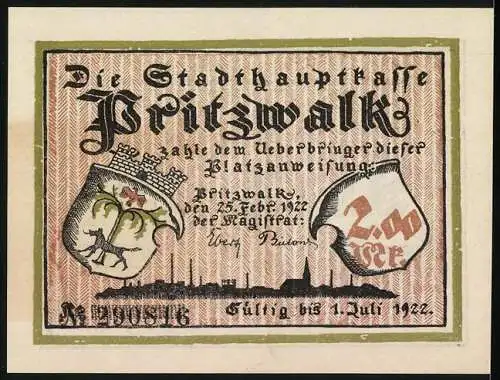 Notgeld Pritzwalk 1922, 2 Mark, Gerichtsszene und Stadtwappen, Seriennummer, Gültig bis 1. Juli 1922