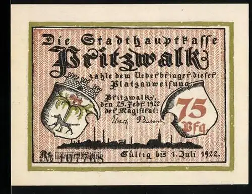 Notgeld Pritzwalk 1922, 75 Pfennig, Stadtwappen und mittelalterliche Entführungsszene