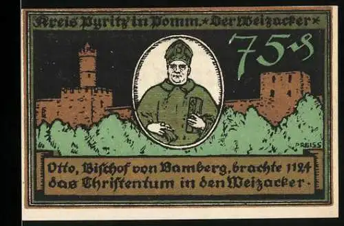 Notgeld Pyritz 1921, 75 Pfennig, Otto von Bamberg und Burg, gültig bis Aufruf