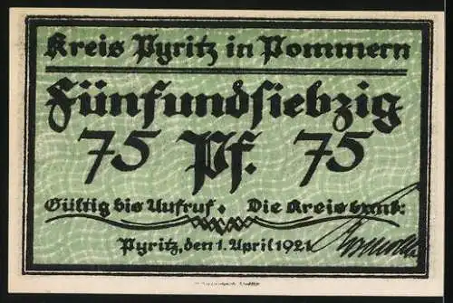 Notgeld Pyritz 1921, 75 Pfennig, Otto von Bamberg und Burg, gültig bis Aufruf